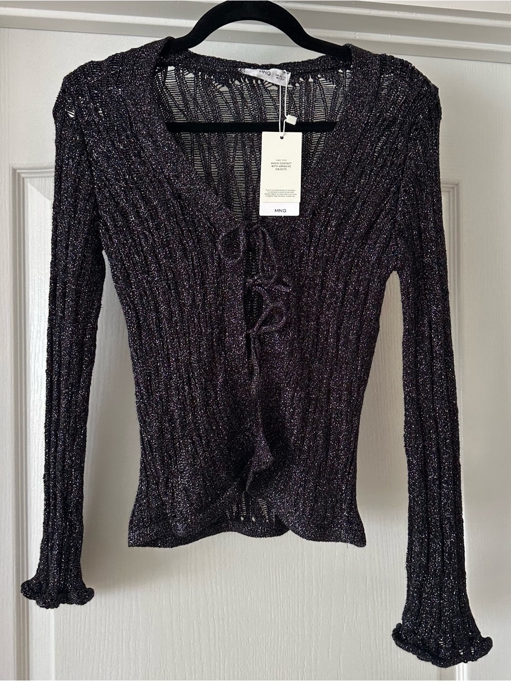 Mango Shimmery Black Tie-Front Cardigan